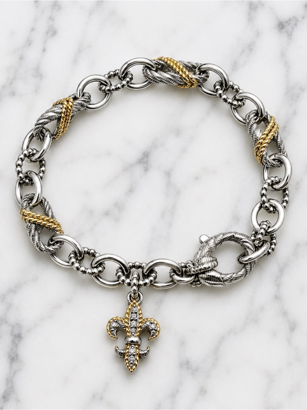 Judith Ripka 925 Sterling Two-Tone Fleur-de-Lis Charm Bracelet 8” 29g CZ